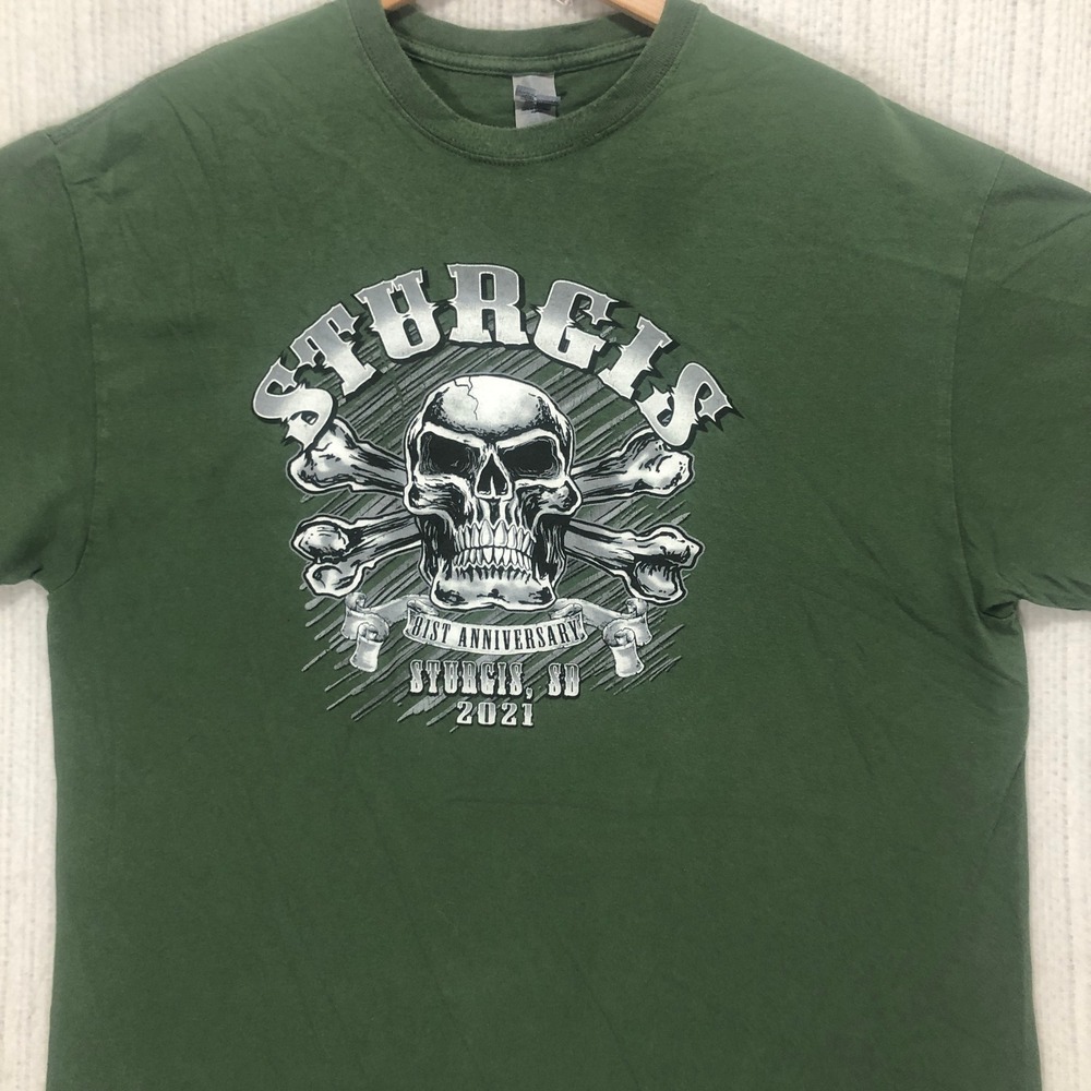 Gildan Sturgis 81st‎ Anniversary 2021 Skull Graphic T-Shirt Green Mens XL